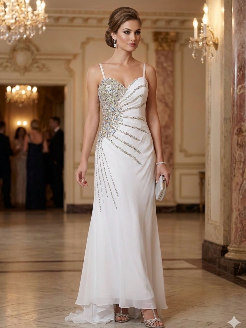 White Sequin Embellished Strapless Prom Dress